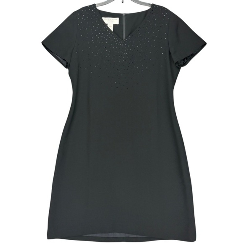 Jones New York Vtg Black Beaded V-Neck Dress Petite Size 12P Short‎ Sleeve Y2K
